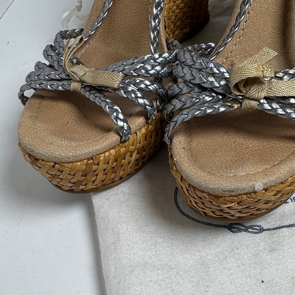 PRADA Woven Wicker Wedge Sandals Metallic Silver Braided Strap 4.5" Heel BOHO 38 - Picture 15 of 16